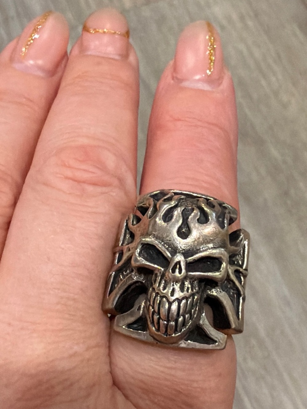 Voodoo Vixen Antiqued Silver Skull Ring with Flame Accents